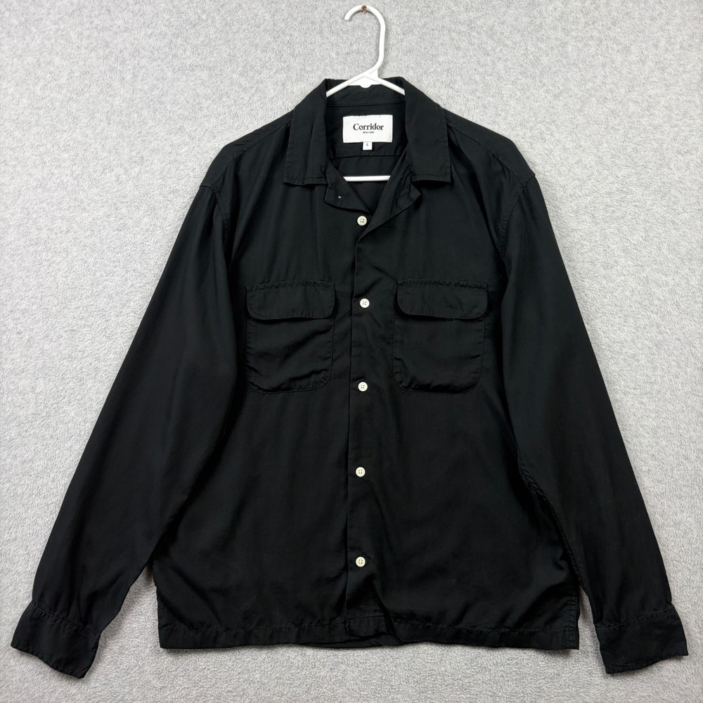 Corridor New York Camp Collar Shirt Mens Large Black Lyocell Rayon Long Sleeve